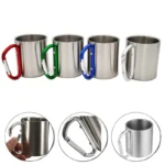 Durable 220ml stainless steel camping cup with carabiner handle. Double-wall design for insulation, perfect for outdoor adventures, travel, and gifting.